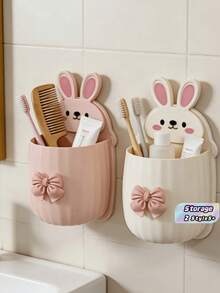1 buah Rak Penyimpanan Kelinci Lucu dengan Dekorasi Pita, Tempat Sikat Gigi dan Pasta Gigi Hemat Ruang yang Dipasang di Dinding, Aksesori Dekoratif Kamar Mandi - MultiWarna - View 1