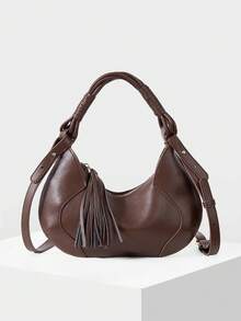 MOTF WOMEN'S FASHION BURGUNDY HANDBAG, EXQUISITE TASSEL, SIMPLE ROUND BAG, CROSSBODY, FOR DAILY, SHOPPING, COMMUTING, TRAVEL - Coffee - View 6