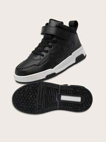 1 Pair Kids High-Top Sneakers, Skateboard Shoes For Indoor/Outdoor Casual Wear, Hook & Loop Closure, Easy To Wear, Lightweight Patchwork Design - Xuan Hei - View 3