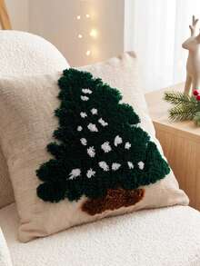 1 Piece, Christmas Tree Tufted Pillow Cover, Green Three-Dimensional Texture Christmas Decorative Cushion Cover, White Star Pattern Sofa Pillow Cover, Suitable For Living Room, Bedroom And Winter Holiday Home Decoration - Multicolor - View 2