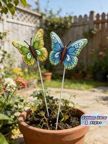 2PCS Metal Waterproof Anti Fade Hand Painted Colorful Butterfly Garden Stakes Ornament Bright Multicolor Art Pattern Plant Pot Yard Patio Lawn Outdoor Spring Summer Decor - View 1