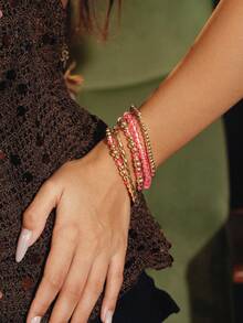 Glisma Pink Crystal Bead Beaded Bracelet Set, Multi-Piece Stacked Elastic Bracelet, Sweet Girl Style Daily Accessories - Pink - View 7