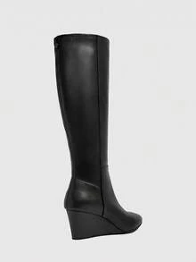 CUCCOO SZL Royal Sister Commuter Style Workplace Women Shopping Dating Autumn And Winter Soft Leather Pleated Pointed Slope Heel High Boots - Black - View 3
