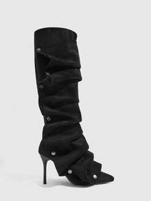 CUCCOO SZL Outdoor Ladies Pointed Stiletto Fleece Fabric Silver Button Decoration Stylish Simple Comfortable Daily Party Banquet Side Zipper Boots - Black - View 2
