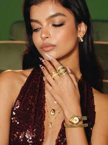 Glisma 18K Gold-Plated 1pc Metallic, Summer,Beach,Party,Prom,Rhinestone Encrusted Open Ring,Luxury For Party, Casual, Concert/Festival, Night Club, Holiday - Gold -2 - View 3