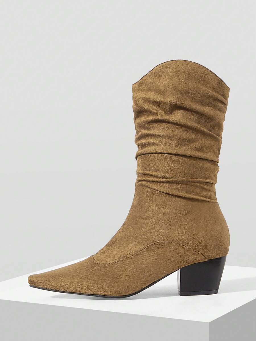 MOTF PREMIUM WOMEN'S AUTUMN AND WINTER SUEDE MEDIUM BOOTS WOMEN'S, LAZY PLEATED PILE BOOTS, POINTED THICK HEEL WESTERN RETRO BOOTS - Brown - View 1