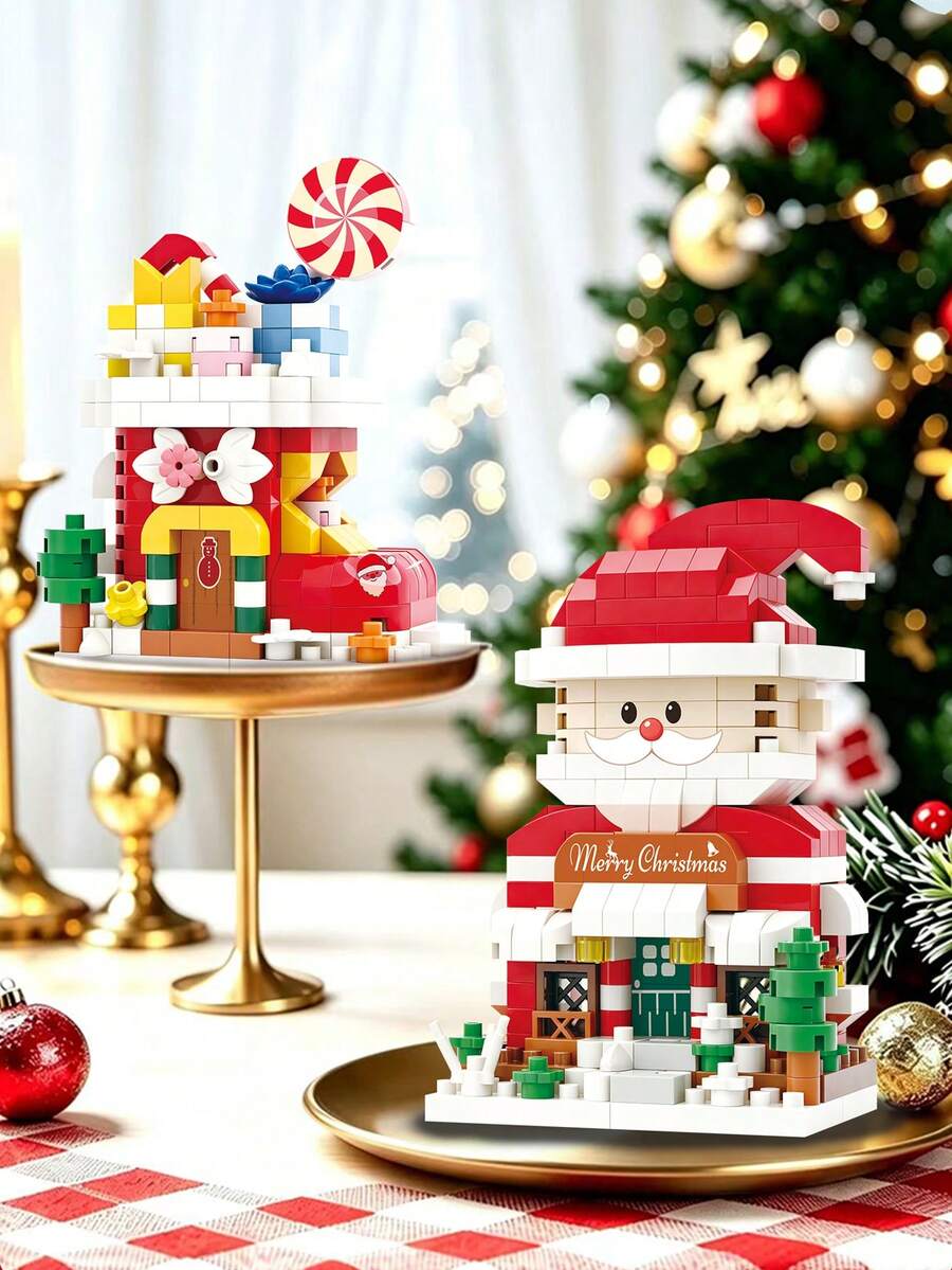 Cute Christmas Mini House Building Bricks Kit, 9 Different Xmas Themed Models With Santa, Snowman, Reindeer, Gingerbread House, DIY Desktop Ornament, Christmas Holiday Present - Multicolor - View 1