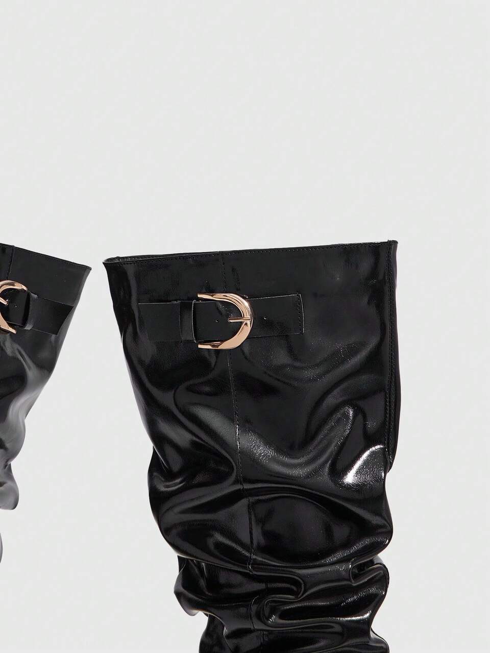 CUCCOO SZL Single Wide Wrap Strap Gold D-Buckle Decorative Pointed Laminated Rough Square Heel Sleeve Fashion Tall Women's Boots