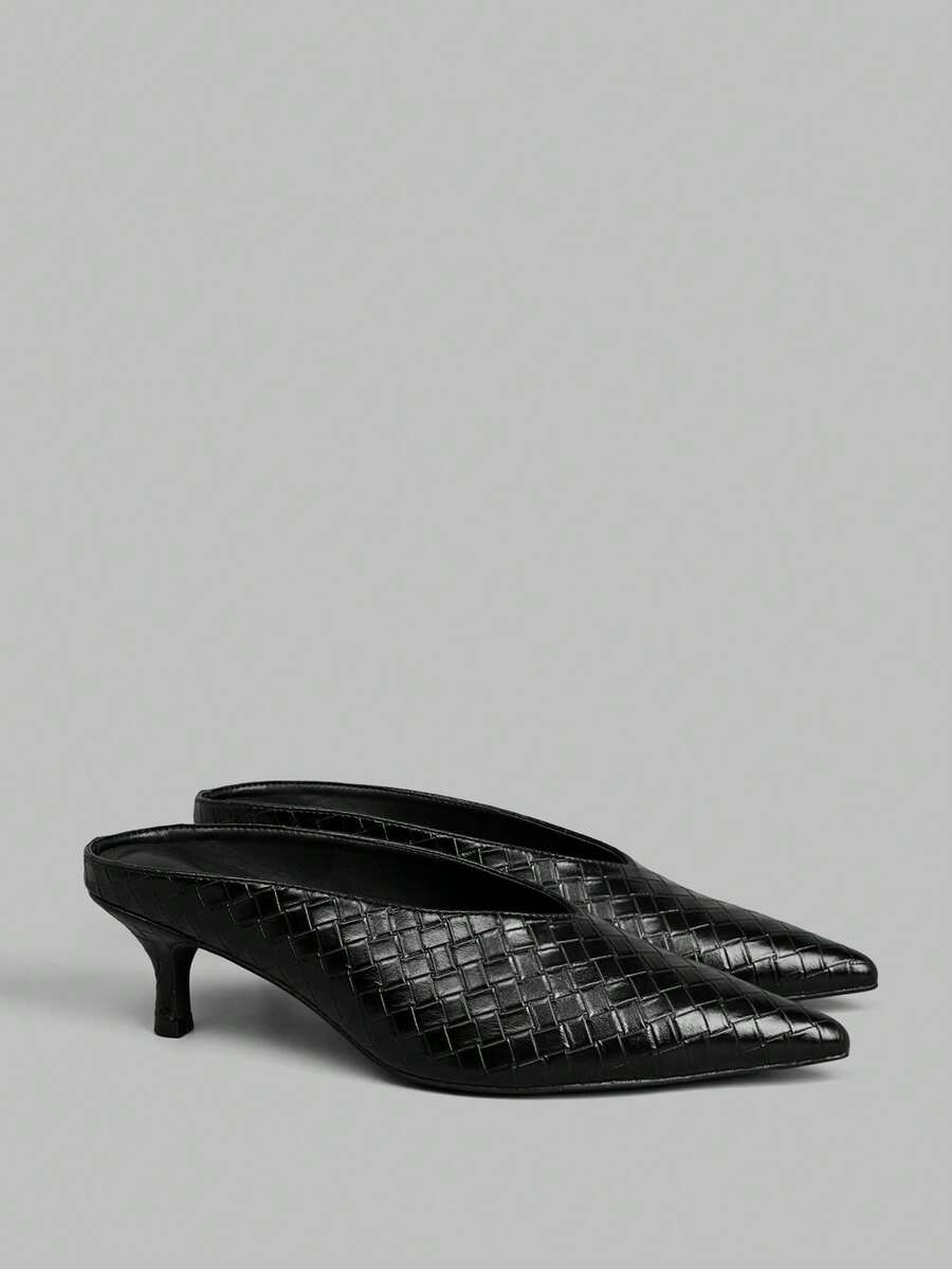 Ontre Spring And Summer Black Woven Pointed-Toed Thin-Heeled Low Vamp Shoes For Daily Commuting Wear - Black - View 1