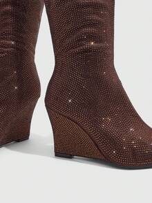 CUCCOO SZL Women's Coffee Brown Suede Pointed Toe Wedge Heel Rhinestone Ruched Knee-High Boots, Glamorous Sexy Party Nightclub Long Boots - Coffee Brown - View 5