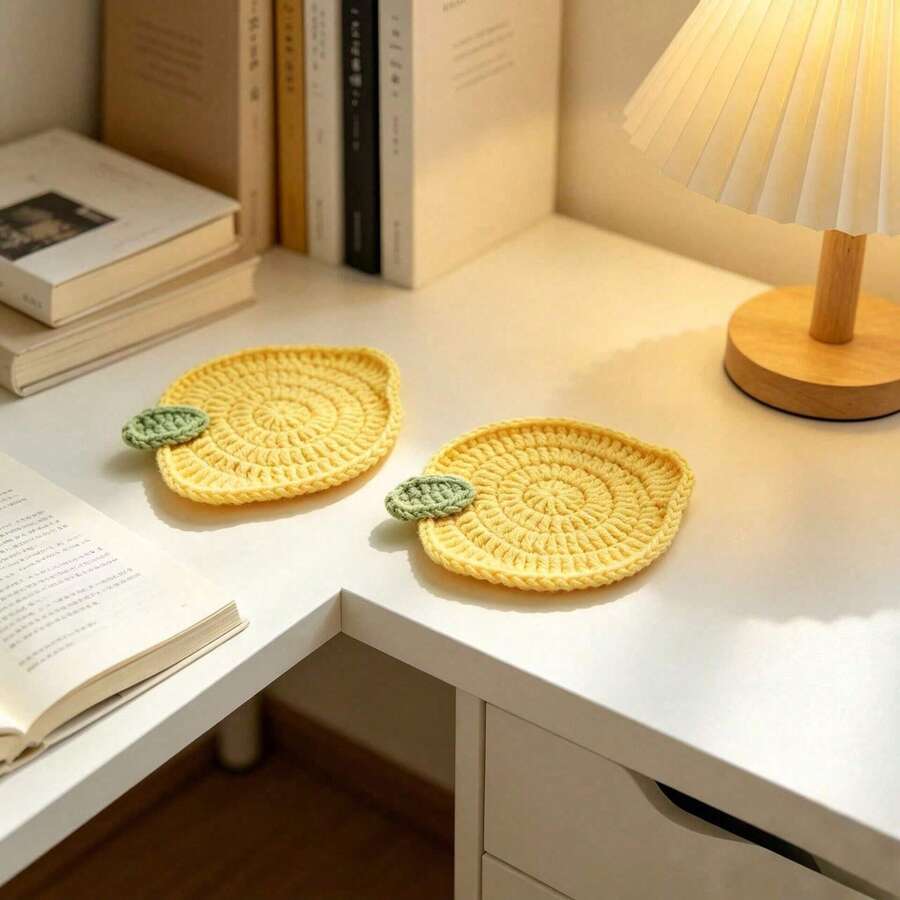 2/4/8Pcs 10cm Crochet Lemon Coasters Yellow Cotton Absorbent Cup Mats For Home Office Desk Decor Summer Gift Kitchen Accessories. - Multicolor - View 1