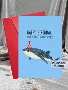1PC Thick Paper Blank Inside Smooth Writing Durable Blue Background Whale Shark Party Hat Cartoon Funny Pun Text Birthday Greeting Card With Red Envelope For Ocean Lovers Adults Friends Birthday Party Celebration Ocean Themed Funny Birthday Gift Card - multicolor - View 1