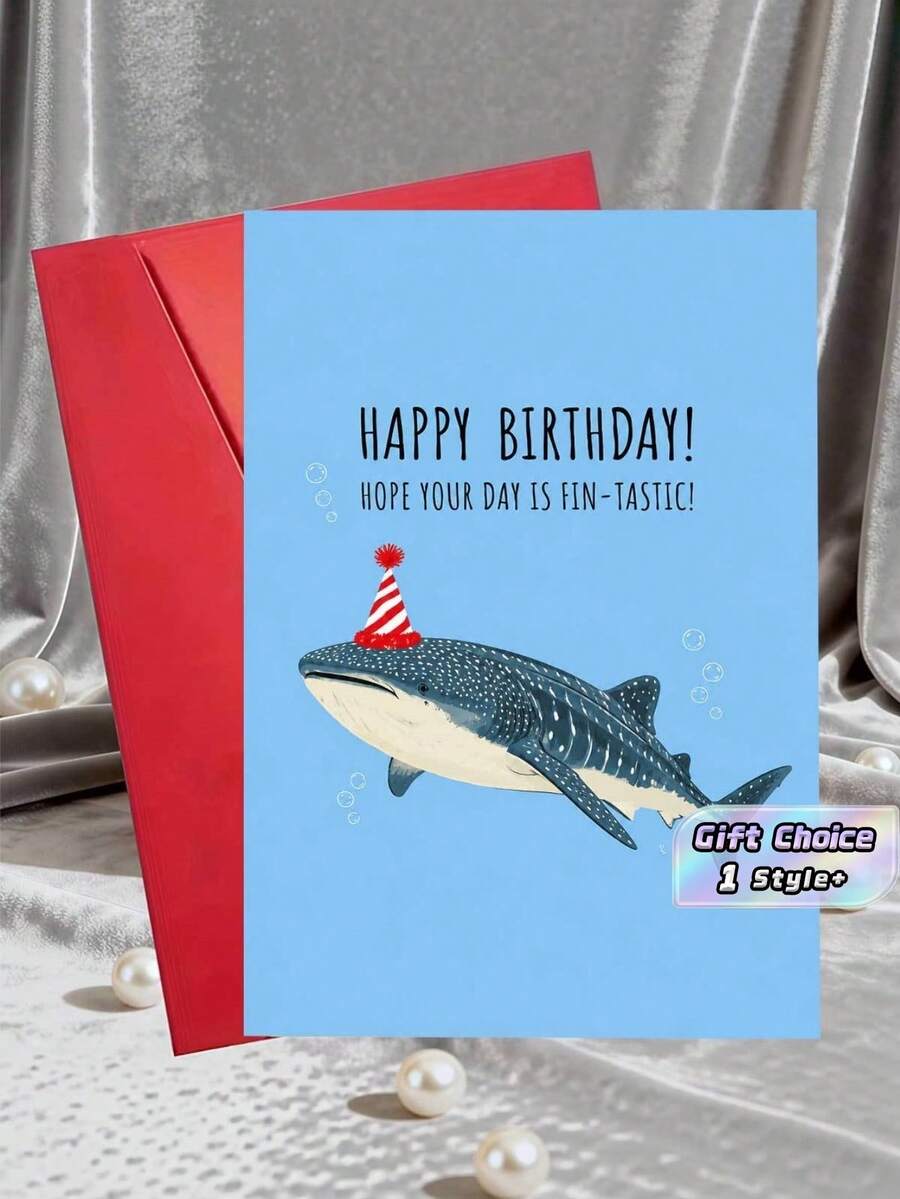 1PC Thick Paper Blank Inside Smooth Writing Durable Blue Background Whale Shark Party Hat Cartoon Funny Pun Text Birthday Greeting Card With Red Envelope For Ocean Lovers Adults Friends Birthday Party Celebration Ocean Themed Funny Birthday Gift Card - multicolor - View 1