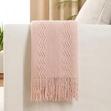 Cirelle Cozy Knitted Throw Blanket For Couch Sofa, Pink Decorative Blanket With Fringe Tassels, Texture Cable Knit Wave Pattern Throw For Chair Bed Living Room, Soft Light Weight Warm Decorative Home Decor - Pink - View 3