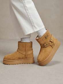 Solecia New Fashion Vintage Metal Buckle Thick Sole Brown Snow Boots With Thermal Lining And Thick Fur Ankle Boots Platform Sole Warm Winter Women's Boots - Camel - View 5