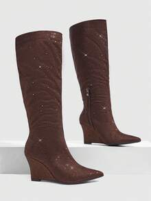 CUCCOO SZL Women's Coffee Brown Suede Pointed Toe Wedge Heel Rhinestone Ruched Knee-High Boots, Glamorous Sexy Party Nightclub Long Boots - Coffee Brown - View 1