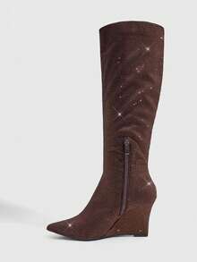 CUCCOO SZL Women's Coffee Brown Suede Pointed Toe Wedge Heel Rhinestone Ruched Knee-High Boots, Glamorous Sexy Party Nightclub Long Boots - Coffee Brown - View 4