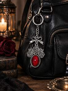 Retro Gothic Rose Bow Hanging Ornament, Gemstone Decor Metal Key Chain, Antique Silver Tone Floral Bag Pendant, Stylish Accessory For Backpack, Purse And Daily Outfit - Multicolor - View 9