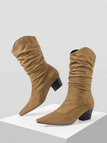 MOTF PREMIUM WOMEN'S AUTUMN AND WINTER SUEDE MEDIUM BOOTS WOMEN'S, LAZY PLEATED PILE BOOTS, POINTED THICK HEEL WESTERN RETRO BOOTS - Brown - View 2