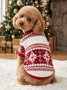 PETSIN 1 Pc Pet Christmas Burgundy Fairisle Geometric Pattern Fleece Warm Navy Round Neck Dog - Multicolor - View 1