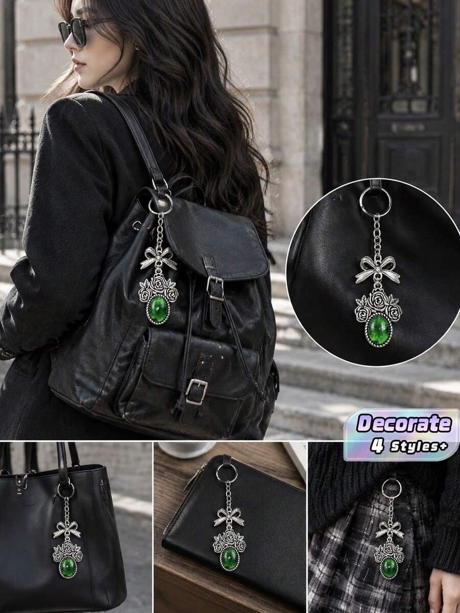 Retro Gothic Rose Bow Hanging Ornament, Gemstone Decor Metal Key Chain, Antique Silver Tone Floral Bag Pendant, Stylish Accessory For Backpack, Purse And Daily Outfit - Multicolor - View 1