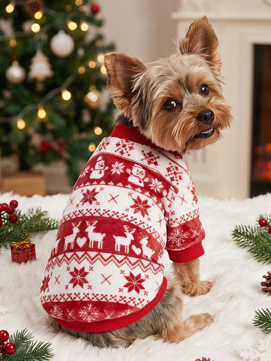 PETSIN 1 Pet Christmas Cat Dog Universal Red Geometric Snowflake Reindeer Snowman Fair Island Pattern Print Plush Warm And Comfortable Dog Christmas - Multicolor - View 1