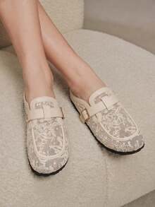 Solecia Lace Embroidered Mesh Breathable Design Buckle Strap Lightweight Sweet French Style Apricot Date Afternoon Tea Fall Shoes - Apricot - View 11