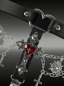 MortiRose 2pcs Heart & Cross Double Chain Garter Clips, Punk Dark Gothic Style, Daily Versatile Halloween Costume Accessories - Love Cross - View 2