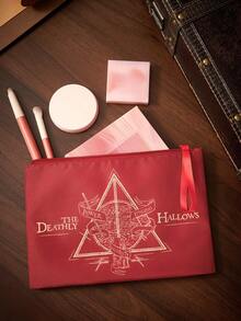 HARRY POTTER X SHEIN 酒紅色復古三角圖騰拉鍊收納包，附腕帶，可收納化妝品、數位線材，多用途攜行袋，適合學校、通勤與旅行 - 卡其紅 - 查看 2