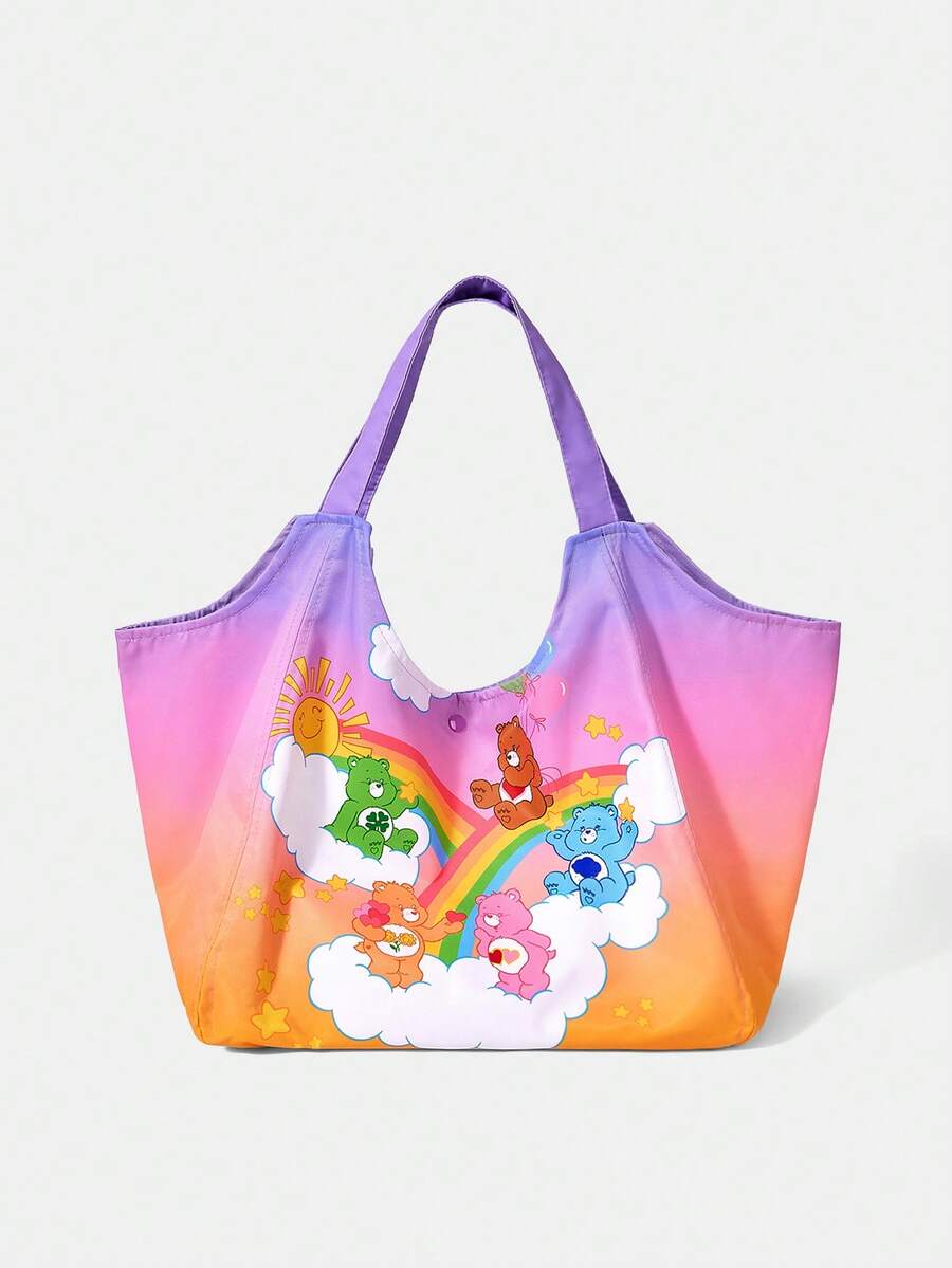 SHEIN X Care Bears 1件大容量印花圖案單肩手提包,適用於露營、海灘、旅行、購物、學校、工作及其他場合 - 多色-黃紫漸變色 - 查看 1
