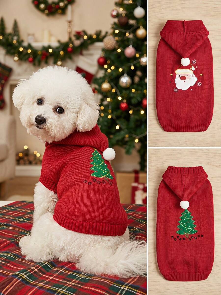 PETSIN Xmas Embroidered Santa Dog Hoodie Warm Knit Christmas Pet Sweater