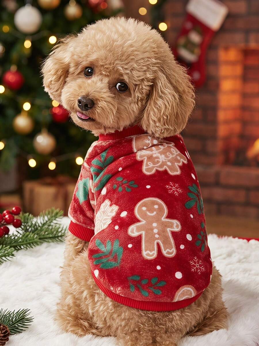 PETSIN 1 Pet Christmas Cat Dog Universal Red Gingerbread Man Snowflake Cane Candy Christmas Pattern Print Plush Warm And Comfortable Dog Christmas - Multicolor - View 1