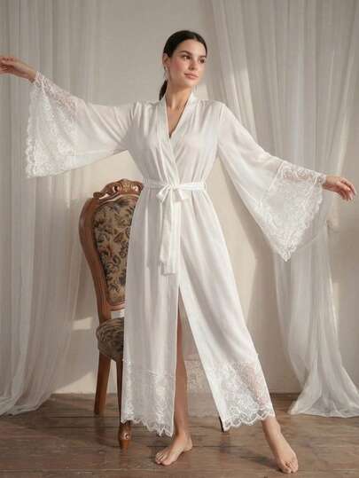 Cirelle Women's Sheer Long Robe With Lace Trim, Elegant Bathrobe With Wide Bell Sleeves And Belt, Elegant Bridal Dressing Gown, Nightwear & Loungewear