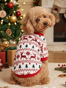 PETSIN 1 Pet Christmas Cat Dog Universal Red And Green Elk Snowflake Geometric Fer Island Pattern Print Plush Warm And Comfortable Dog Christmas - Multicolor - View 5