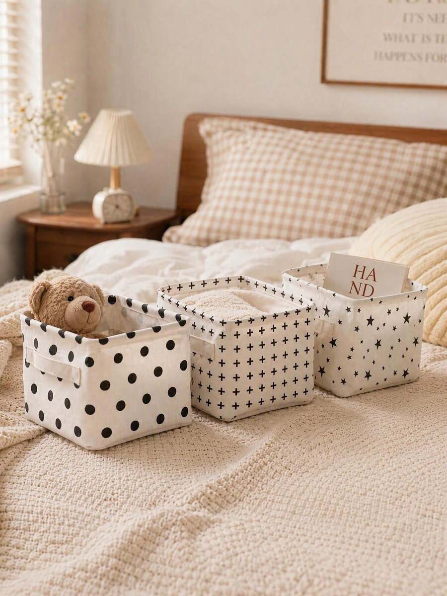 Haus Hana 1Pc/2Pcs/3Pcs Pattern Cotton Linen Fabric Storage Box, Durable Cotton Linen Material With Three Classic Printed Motifs. Portable Foldable Tidying Case For Vanity Table Use, Indoor Corner Clutter Sorting Accessory For Home Personal Item Collection. - Multicolor - View 1