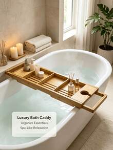 1pc Bamboo Bathtub Caddy Tray, Expandable Bath Tray For Tub, Adjustable Wooden Bath Organizer With Wine Glass & Book Holder, Bathroom Storage Rack For Bathtub, Spa Reading & Bathing Accessories - Bamboo - View 2