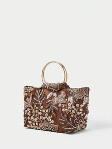 SHECARRY Ladies Fashionable Elegant Exquisite Classic Dark Coffee Beaded Sequins Floral Pattern Handheld Dinner Bag, Party Dating Banquet Wedding Ball Club - Coffee - View 2