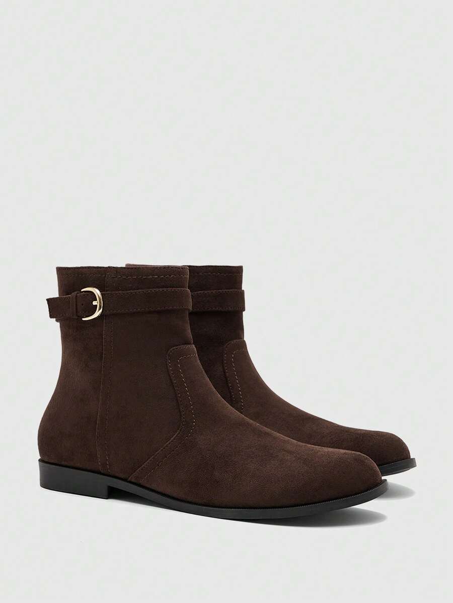CUCCOO BIZCHIC Round Toe Brown Boots, Vintage Suede Versatile Side Zip Buckle Fashion And Ankle Boots Fall Boots - Brown - View 1