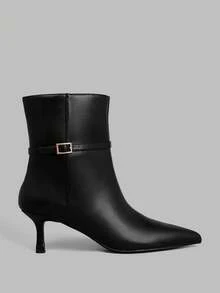 Ontre Pointed Kitten And Metal Buckle Autumn And Winter Versatile Soft Leather Low-Heeled Commuting Fashion Temperament Square Buckle Low-Heeled Short Boots - Black - View 2