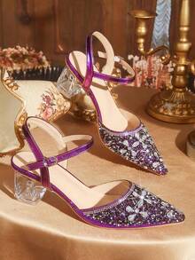 CUCCOO TILAWA Ladies' Fashionable And Elegant Pointed Crystal Heel, Rhinestone Pointed Laser Lace, Women's High-Heeled Shoes, Suitable For Banquets, Parties Fall Shoes - Purple - View 2