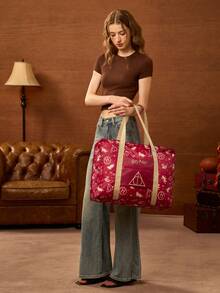 HARRY POTTER X SHEIN Tas Tote Lipat Besar untuk Perjalanan, Saku Resleting Depan. Desain Lipat untuk Perjalanan, Olahraga, dan Penyimpanan Barang Bawaan Sehari-hari. - coklat kemerahan - View 5