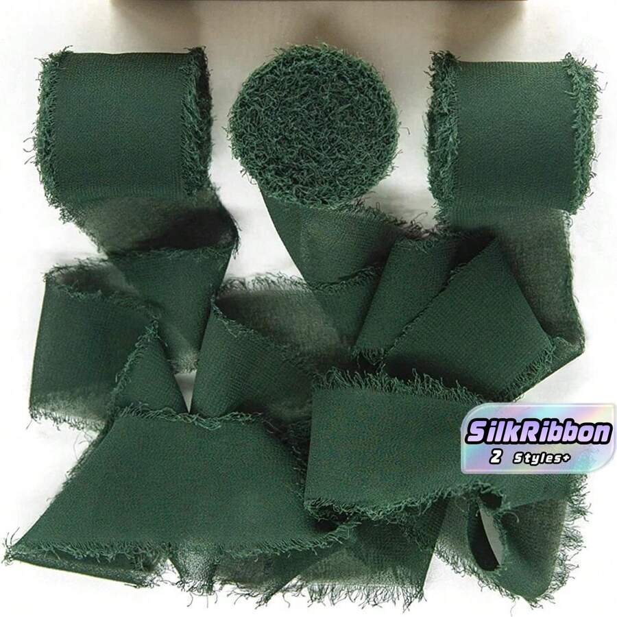 5 Meters Per Roll Dark Green Chiffon Ribbon, Fringed Fabric Set, Suitable For Wedding Invitations, Bridal Bouquet Decoration, Gift Wrapping And Bow Making 3 Pcs / 5 Pcs.