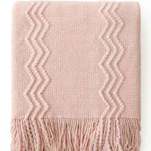 Cirelle Cozy Knitted Throw Blanket For Couch Sofa, Pink Decorative Blanket With Fringe Tassels, Texture Cable Knit Wave Pattern Throw For Chair Bed Living Room, Soft Light Weight Warm Decorative Home Decor - Pink - View 9