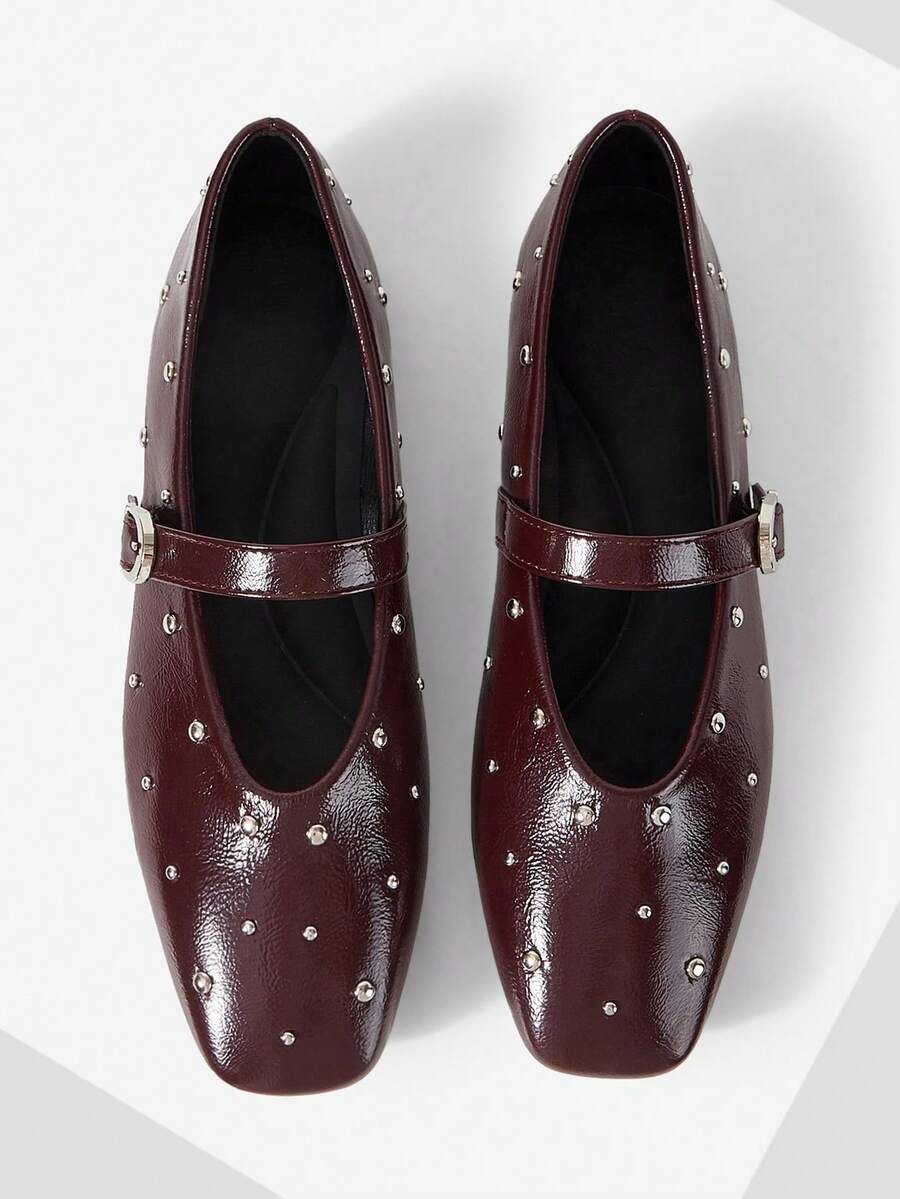 MOTF PREMIUM FASHION RIVETS CLASSIC VERSATILE SUITABLE FOR COMMUTING HOLIDAY LOW VAMP FLAT SHOES, MARY JANE, FLAT BOTTOM LOW VAMP - Burgundy - View 1