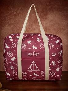 HARRY POTTER X SHEIN Tas Tote Lipat Besar untuk Perjalanan, Saku Resleting Depan. Desain Lipat untuk Perjalanan, Olahraga, dan Penyimpanan Barang Bawaan Sehari-hari. - coklat kemerahan - View 4