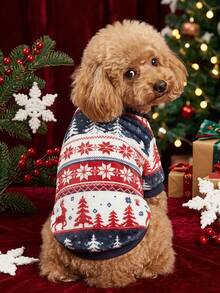 PETSIN 1 Pet Christmas Cat Dog Universal Red Navy Blue Christmas Tree Snowflake Fair Isle Pattern Print Plush Warm And Comfortable Dog Christmas - Multicolor - View 3