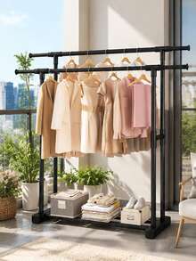 1pc Freestanding Clothes Drying Rack, Simple Balcony Laundry Hanger, Bedroom Storage Clothes Hanging Rod, Indoor Garment Rack - Black - View 8