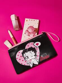 Betty Boop x SHEIN 1件/3件組 卡通圖案印花輕量聚酯纖維化妝包 - 淺粉黑 - 查看 3