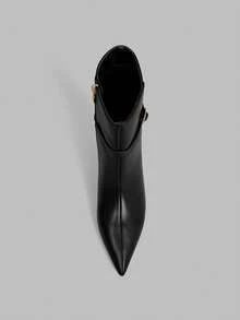 Ontre Pointed Kitten And Metal Buckle Autumn And Winter Versatile Soft Leather Low-Heeled Commuting Fashion Temperament Square Buckle Low-Heeled Short Boots - Black - View 6