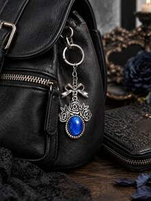 Retro Gothic Rose Bow Hanging Ornament, Gemstone Decor Metal Key Chain, Antique Silver Tone Floral Bag Pendant, Stylish Accessory For Backpack, Purse And Daily Outfit - Multicolor - View 8